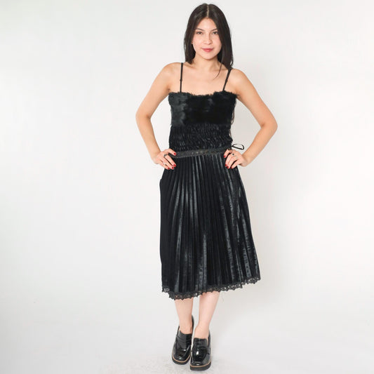 Y2K Black Velour Midi Dress Faux Fur Lace Spaghetti Strap Extra Small XS