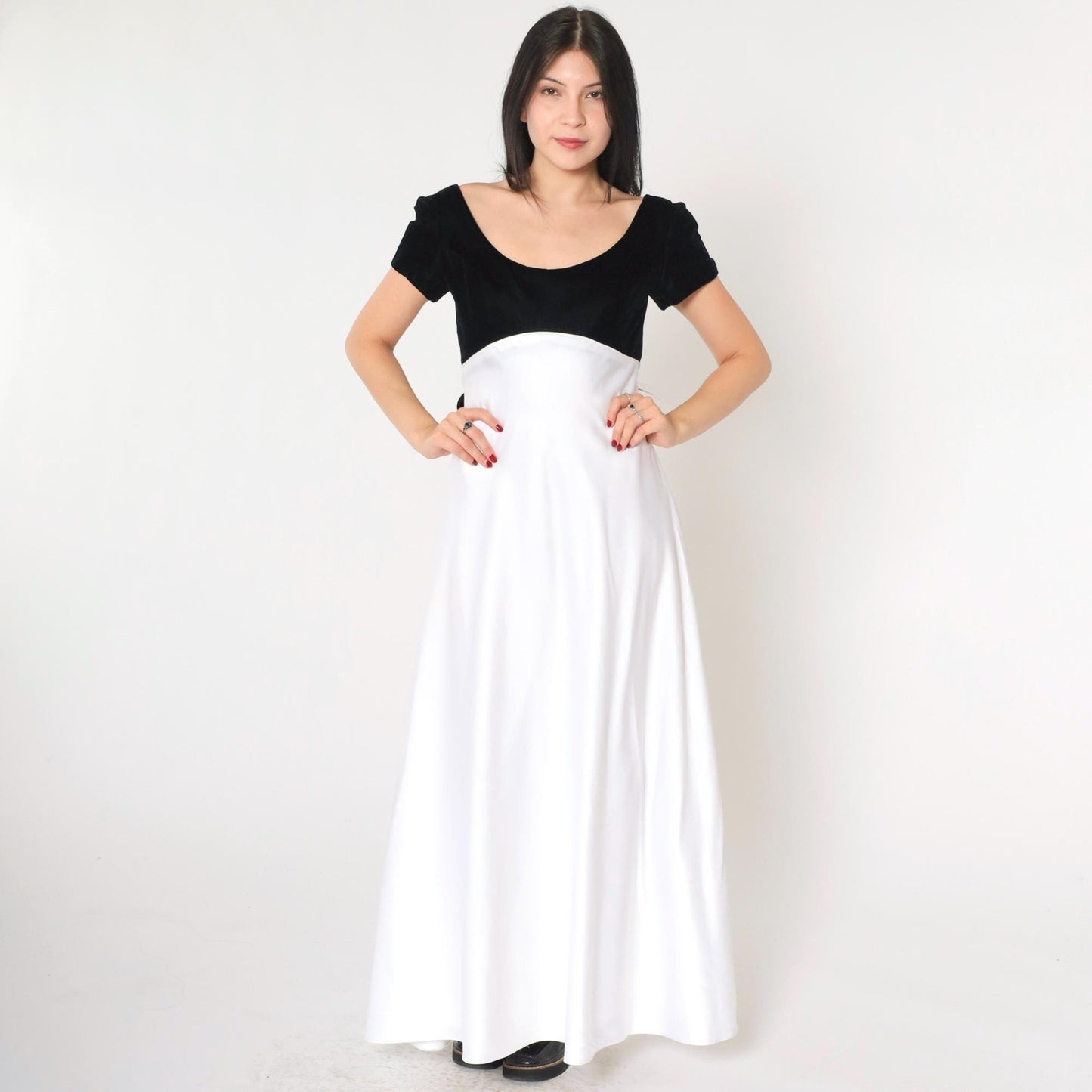 90s Jim Hjelm Black Velvet White Satin Maxi Dress Empire Waist Small 6