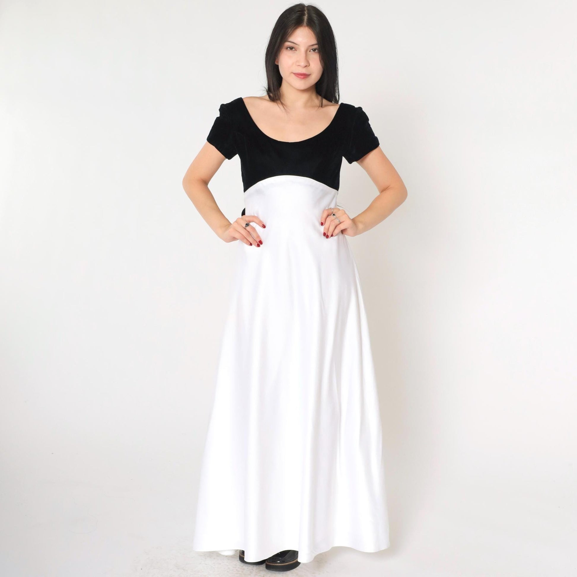 90s Jim Hjelm Black Velvet White Satin Maxi Dress Empire Waist Small 6