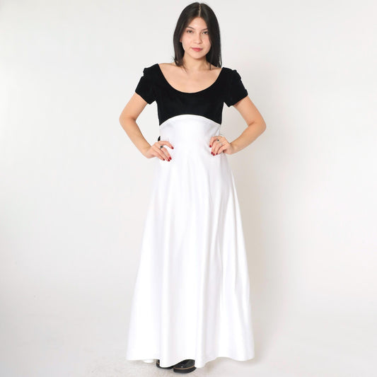 90s Jim Hjelm Black Velvet White Satin Maxi Dress Empire Waist Small 6