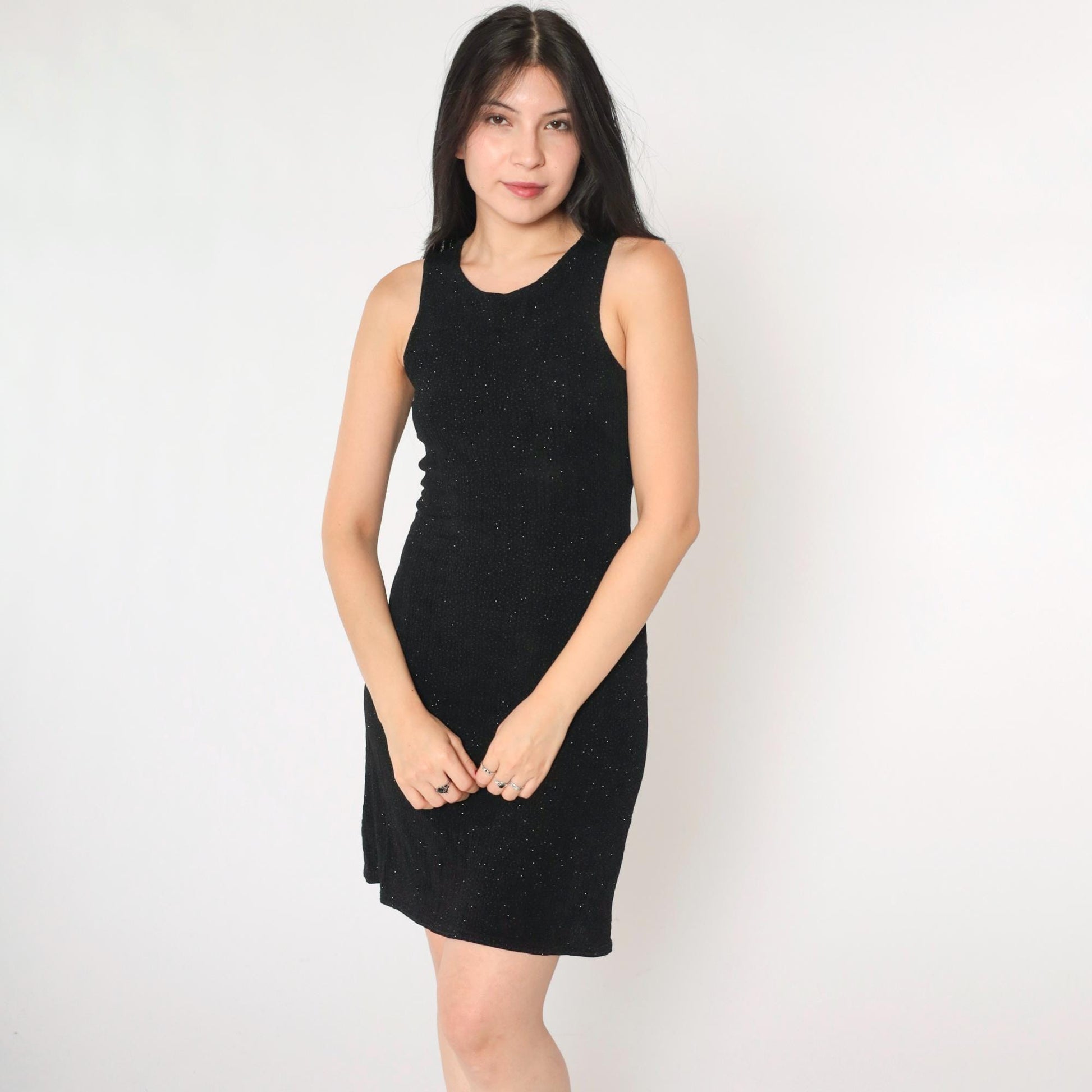 90s Black Metallic Sparkle Mini Bodycon Dress Sleeveless Small