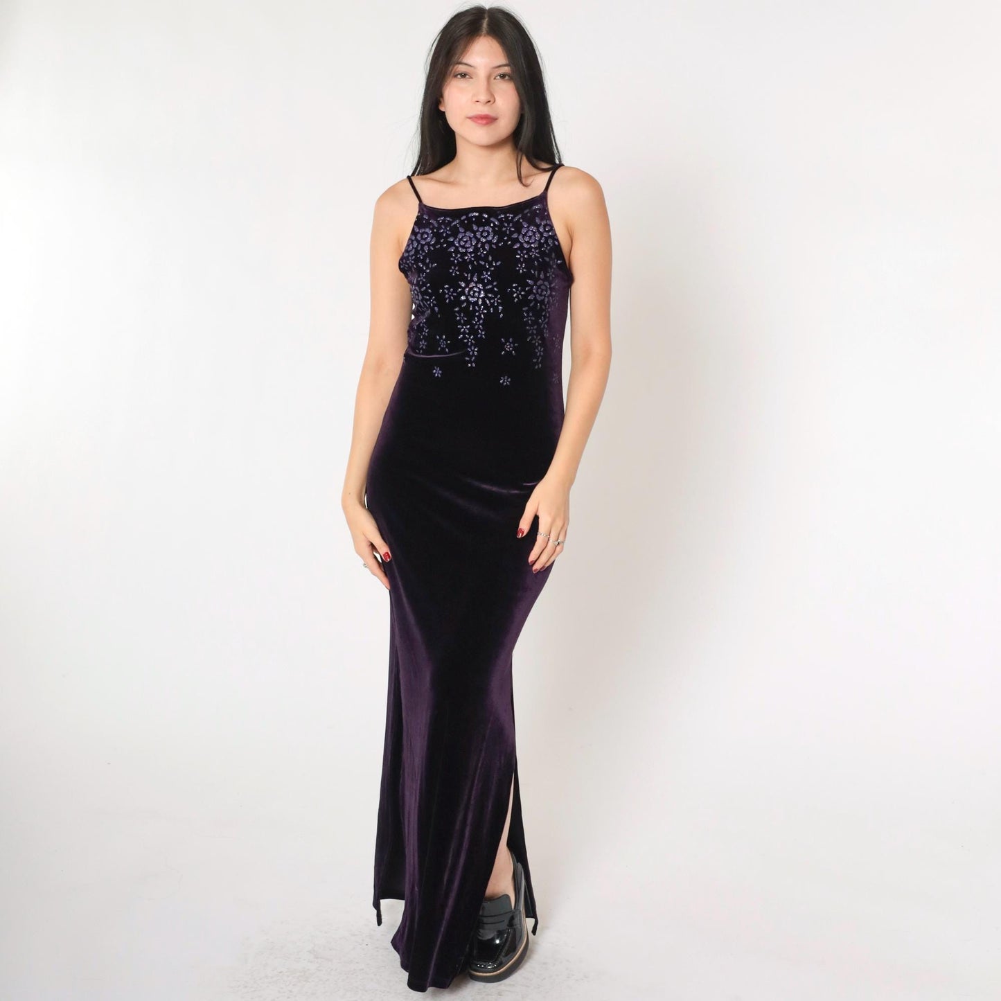 90s Purple Velvet Maxi Dress Glitter Floral Spaghetti Strap Side Slit Small