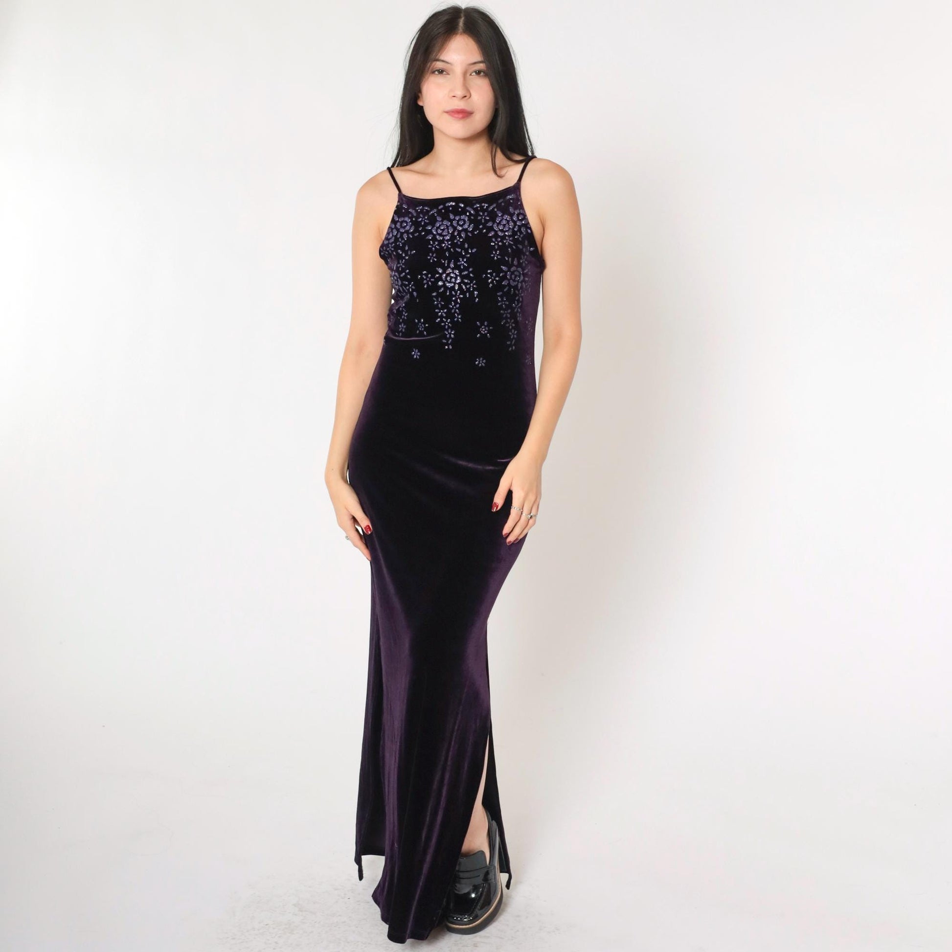 90s Purple Velvet Maxi Dress Glitter Floral Spaghetti Strap Side Slit Small