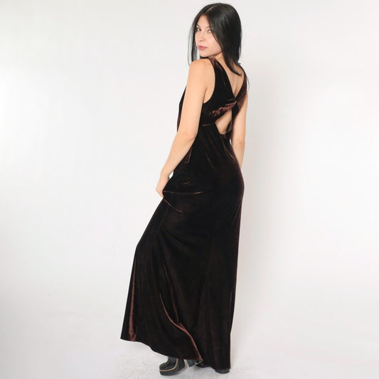 90s Niki Livas Brown Velvet Maxi Dress Keyhole Back Sleeveless Medium