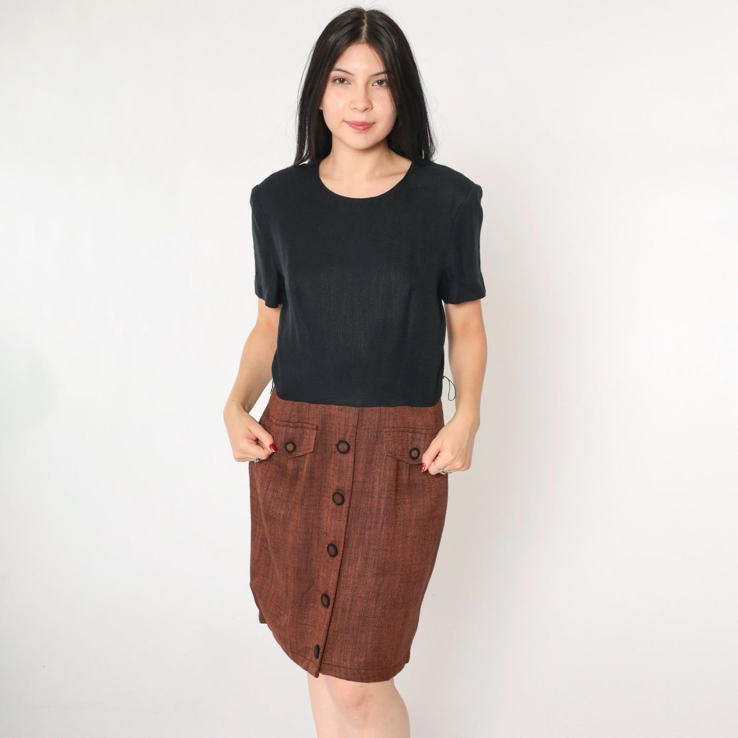 90s Maggy London Black Mini Dress Burnt Orange Button Skirt Medium