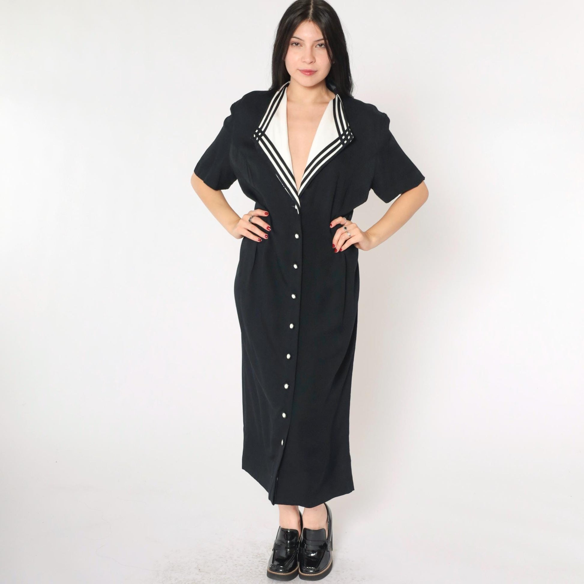 90s Black Maxi Dress White Collar Button-Up Short Sleeve Shift Large