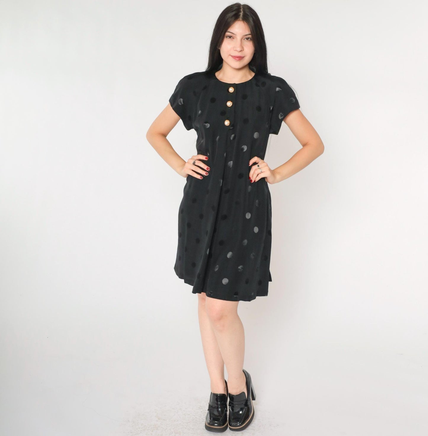 90s Black Mini Dress Embossed Polka Dot Pearl Buttons A-Line Small
