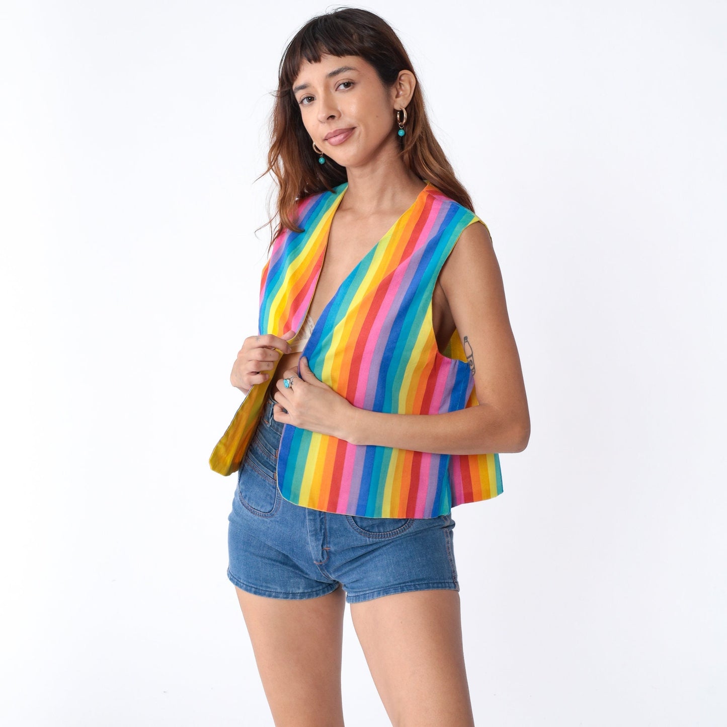 70s Rainbow Stripe Open Front Vest Sleeveless Top Medium
