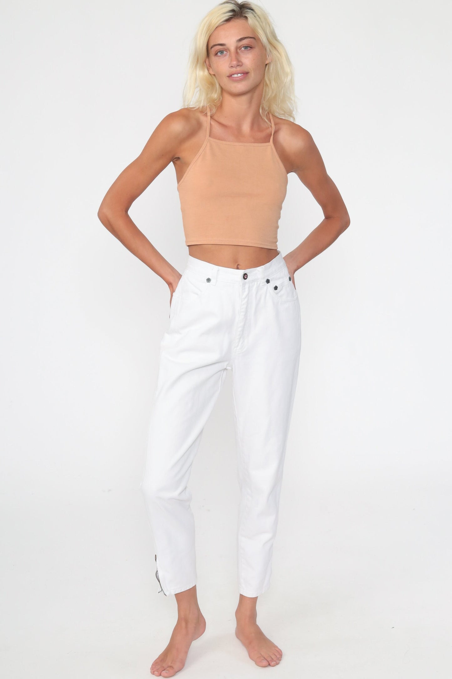 90s LA Gear White High-Waist Mom Jeans Ankle Zip Small
