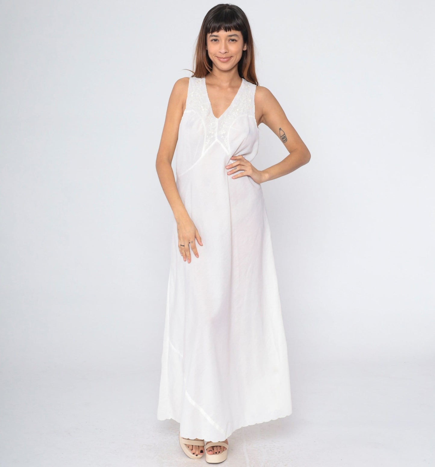 70s Lily White Floral Embroidered Cutout Slip Dress Maxi Nightgown Medium