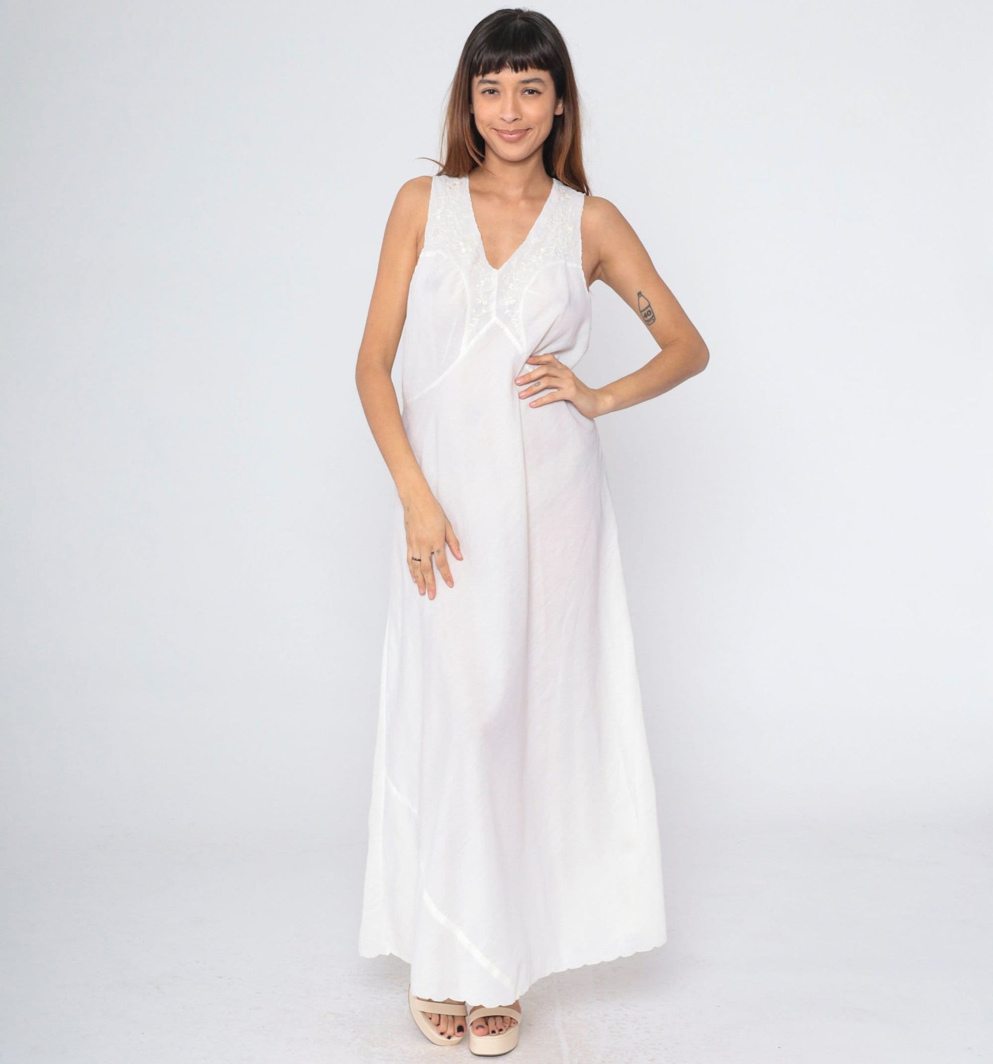 70s Lily White Floral Embroidered Cutout Slip Dress Maxi Nightgown Medium
