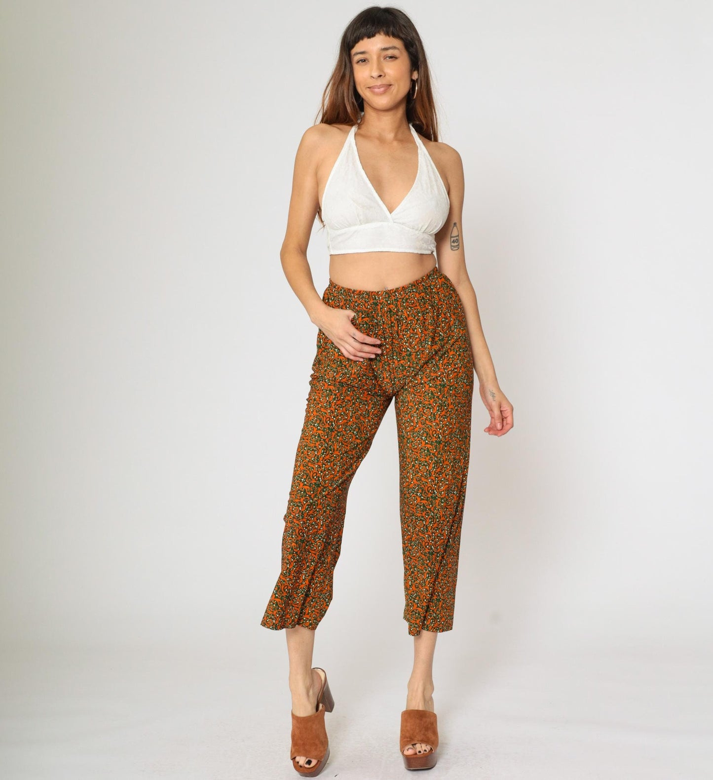 Y2K Orange Green Baroque Swirl Wide Leg Cropped Trousers Extra Small XS