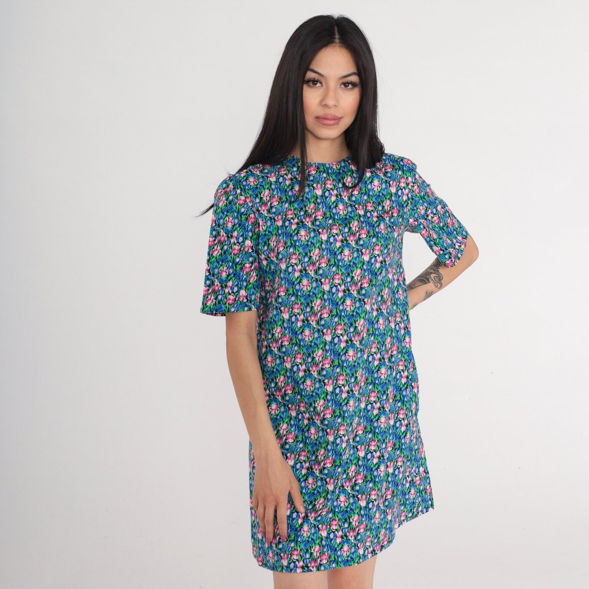 80s Iris Floral Mini Dress Short Sleeve Shift Green Blue Pink Small