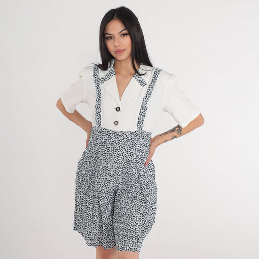 90s Floral White Romper Suspender Shorts Button-Up Empire Waist Medium M