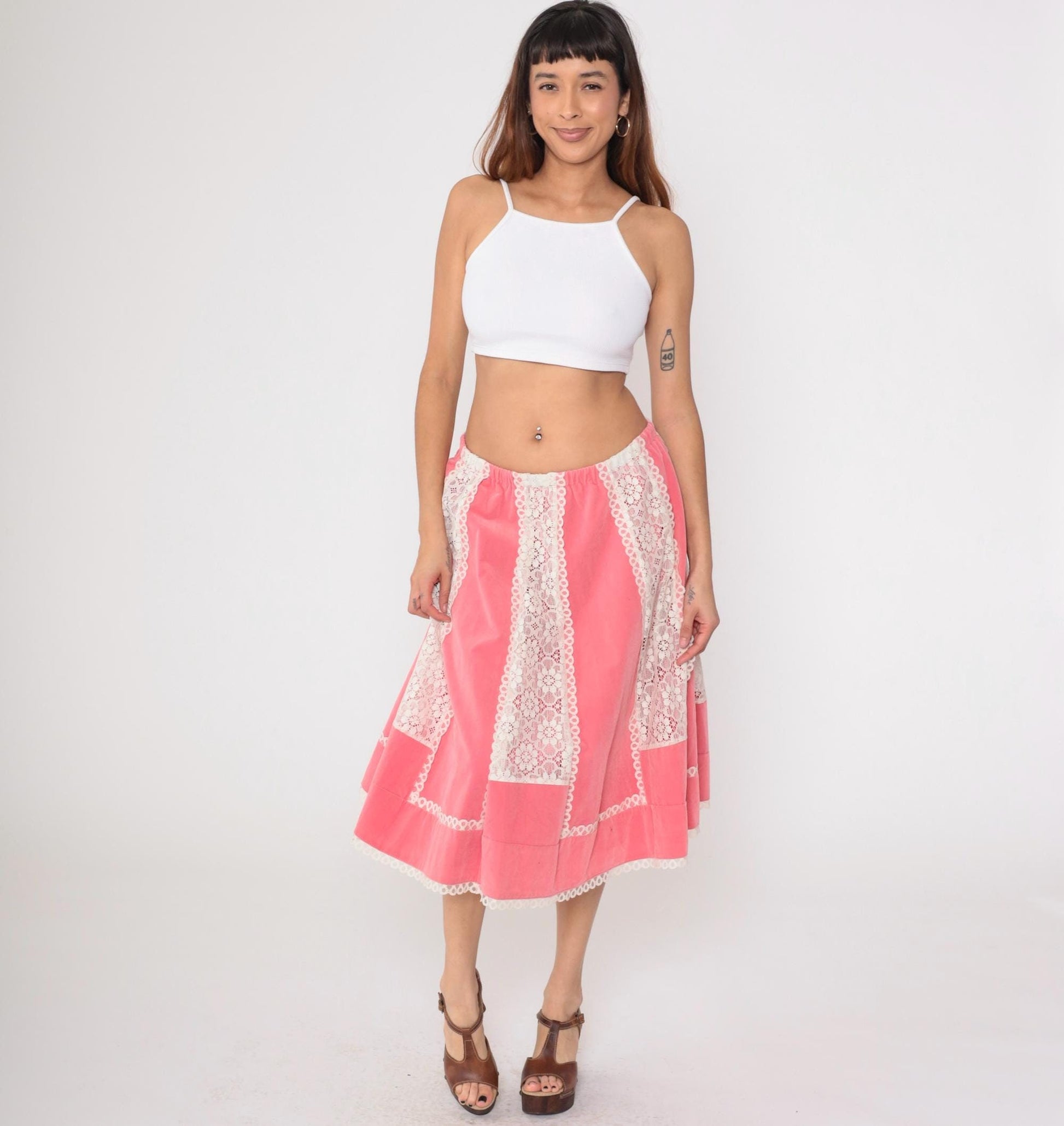 70s Carefree Fashions Pink Velour Midi Skirt Lace Trim High Waist Medium Large
