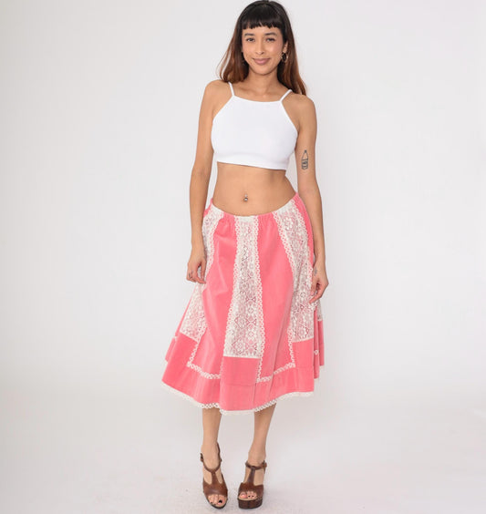 70s Carefree Fashions Pink Velour Midi Skirt Lace Trim High Waist Medium Large