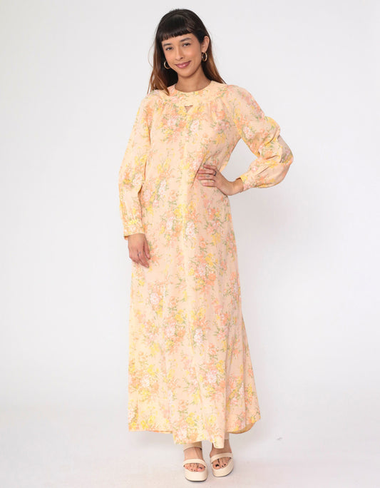 70s Peach Floral Maxi Dress Keyhole Neck Long Sleeve Medium