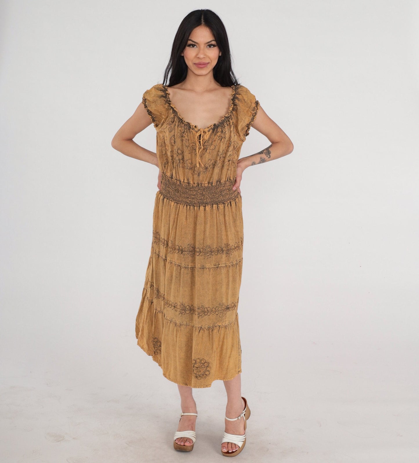 90s Indian Embroidered Floral Midi Dress Brown Cap Sleeve Medium Large