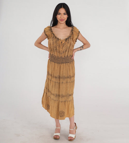 90s Indian Embroidered Floral Midi Dress Brown Cap Sleeve Medium Large