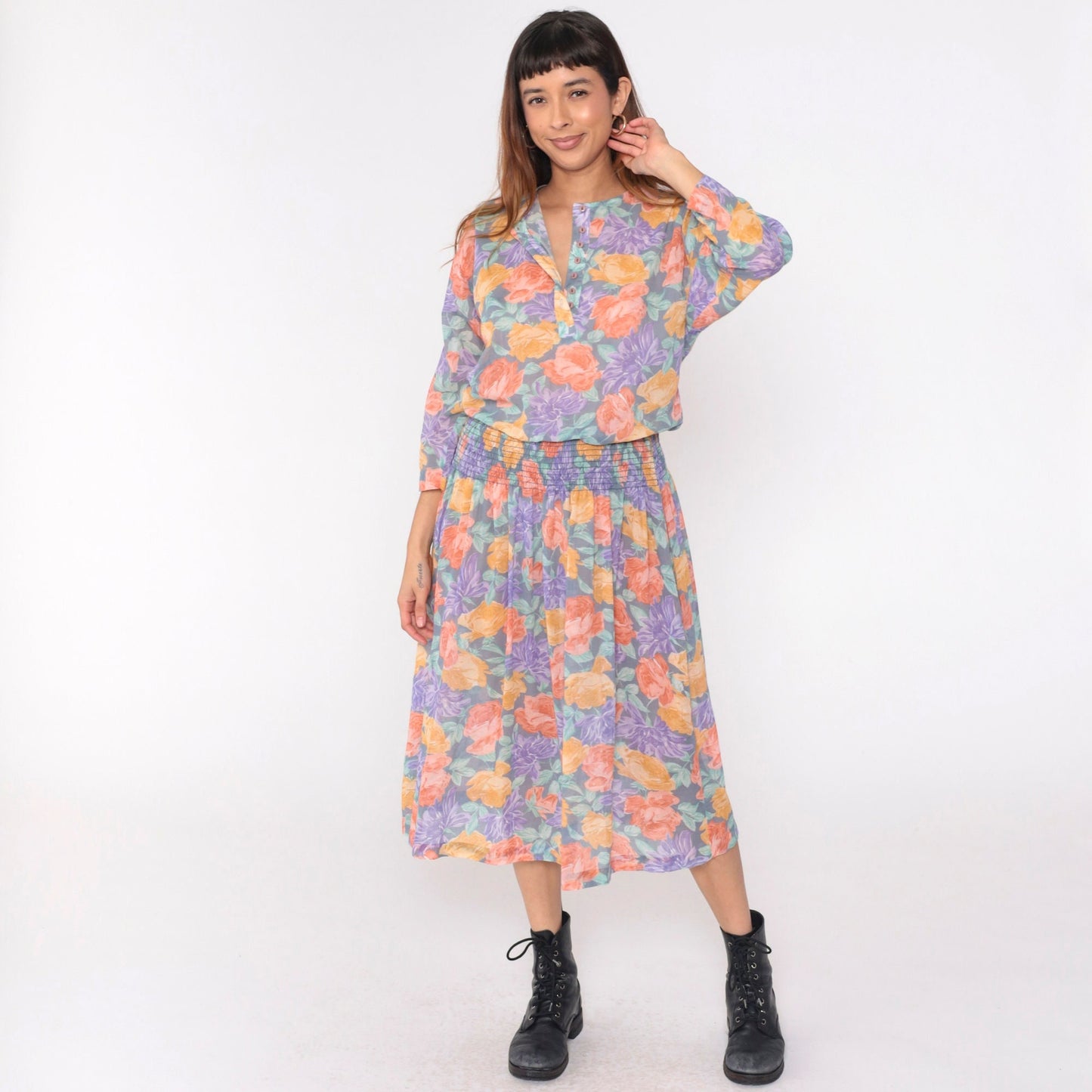 80s Starlo Fashions Floral Midi Dress Smocked Waist Henley Neckline Medium