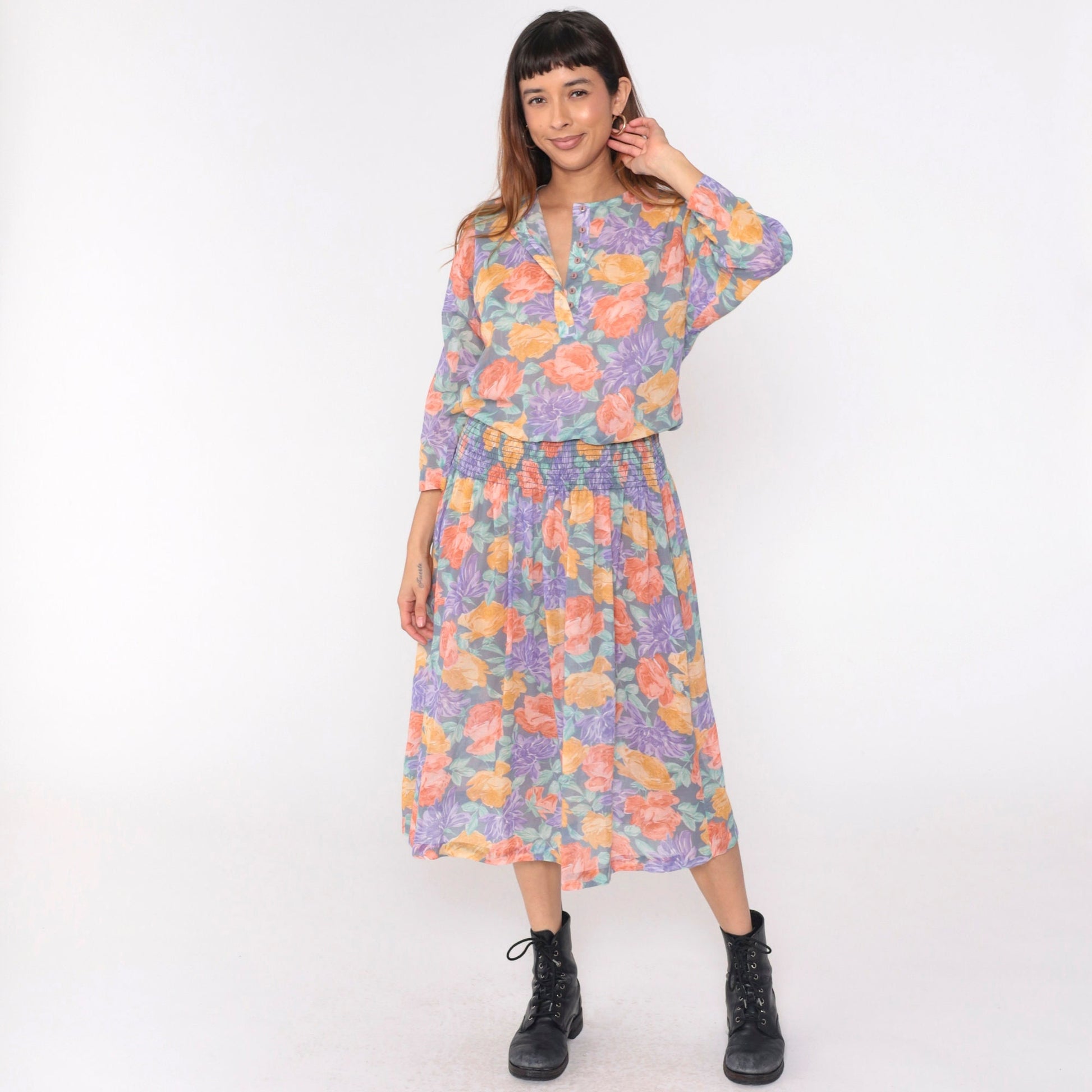80s Starlo Fashions Floral Midi Dress Smocked Waist Henley Neckline Medium