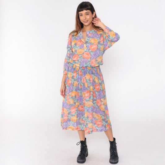 80s Starlo Fashions Floral Midi Dress Smocked Waist Henley Neckline Medium