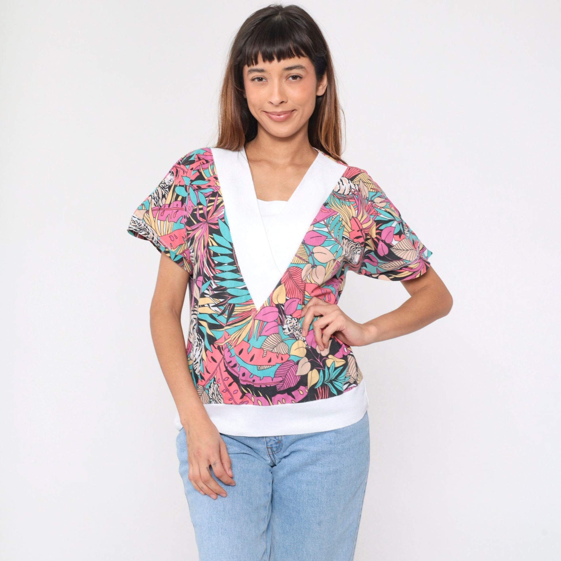 80s Jungle Animal Print V-Neck Shirt Tiger Leopard Safari Top Medium