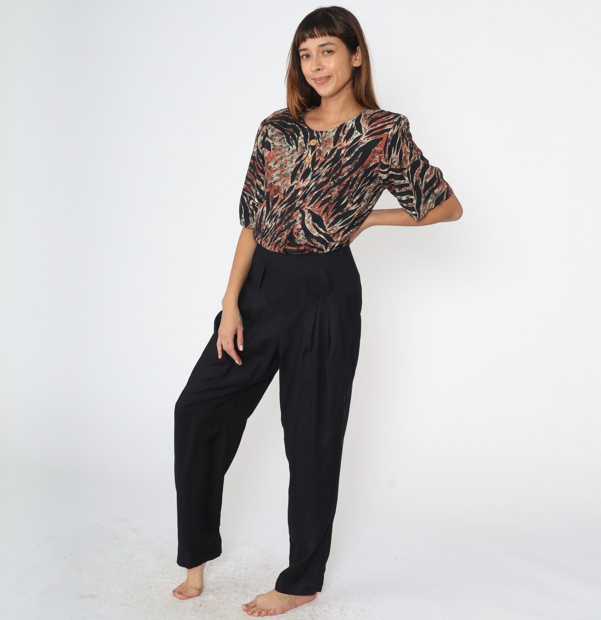 90s Zebra Print Jumpsuit Black Basque Waist Tapered Leg Short Sleeve Medium