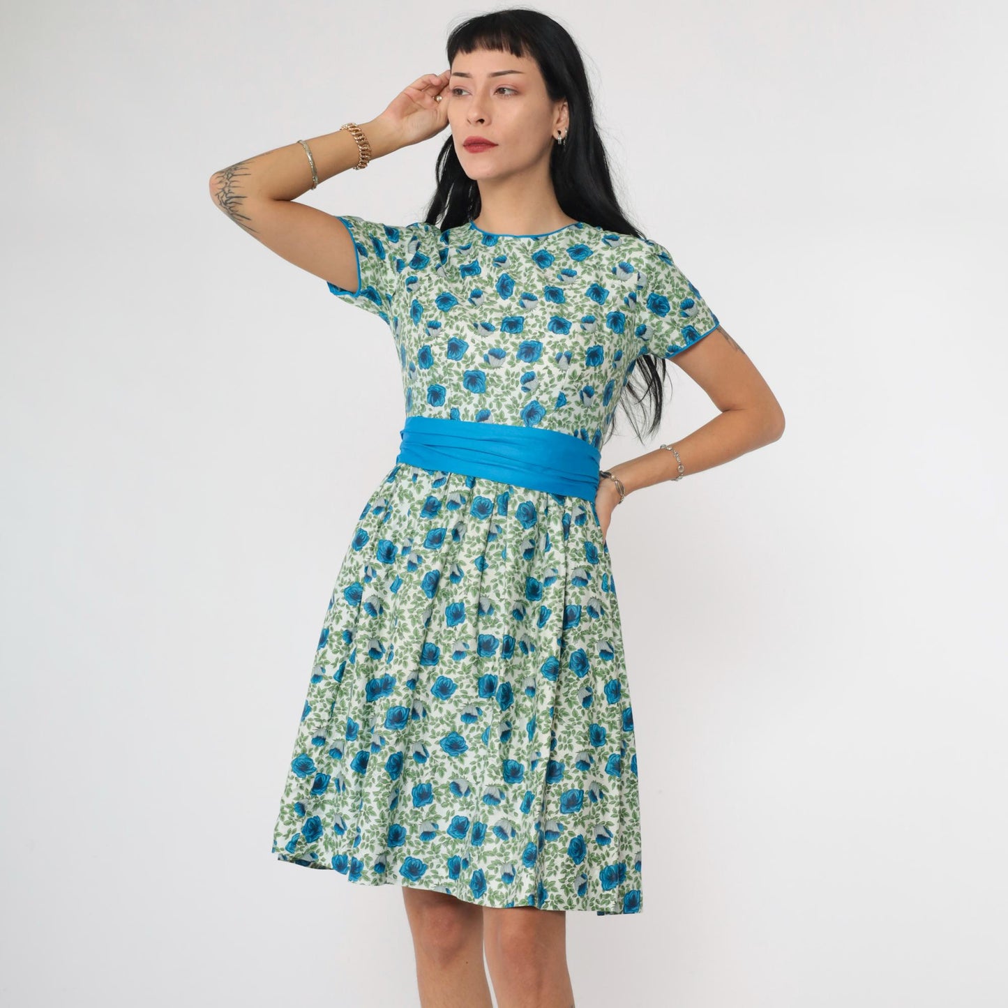 1960s Floral Dress Blue Green Mini High Waist Short Sleeve Small
