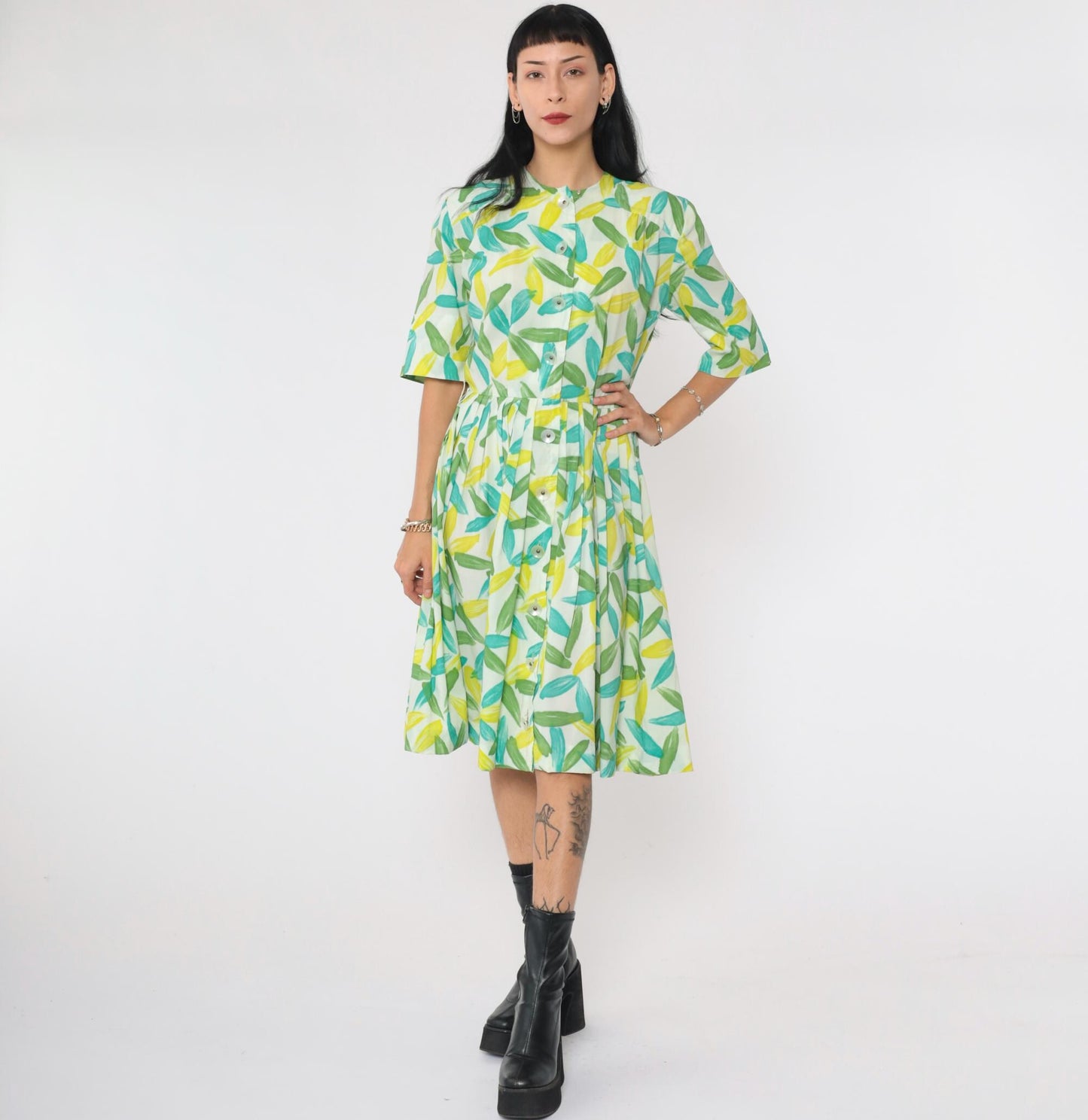 60s Westbury Fashions Shirt Dress Abstract Leaf Print Pleated Midi Blue Green Small