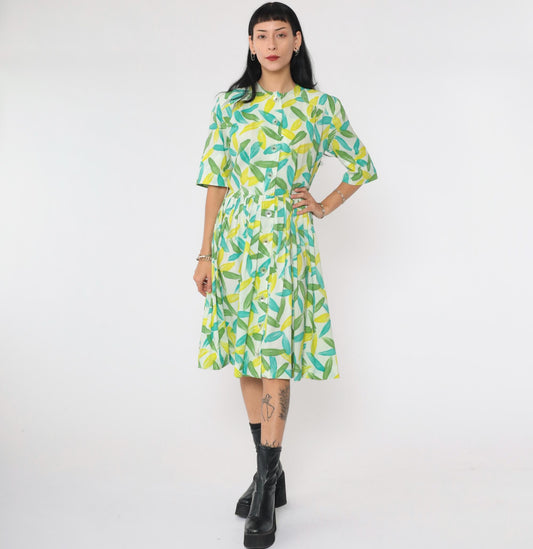 60s Westbury Fashions Shirt Dress Abstract Leaf Print Pleated Midi Blue Green Small