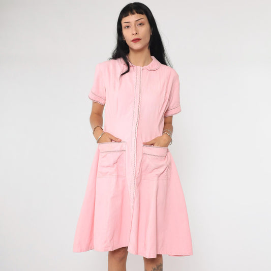 60s Pink Corduroy Mini Dress Peter Pan Collar A-Line Shift Pockets Medium