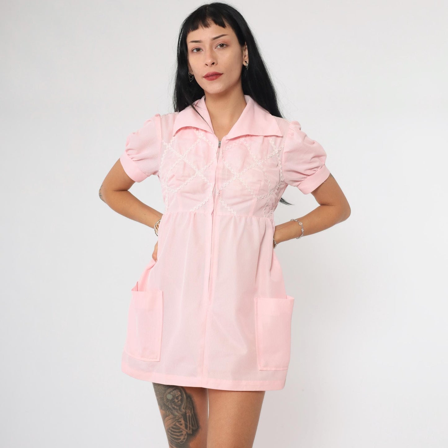 70s Baby Pink Babydoll Dress Puff Sleeve Empire Waist Micro Mini Extra Small
