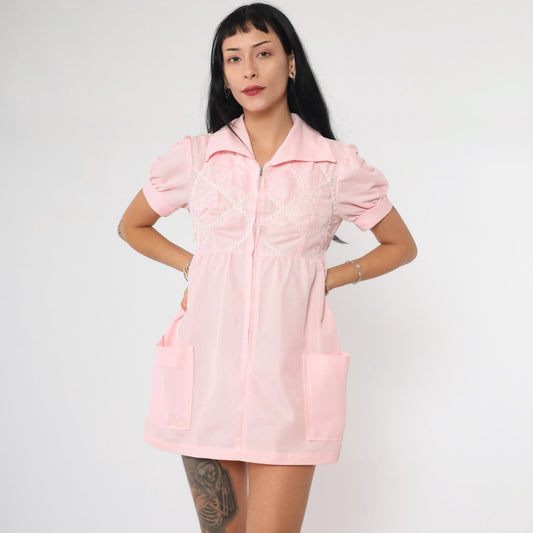 70s Baby Pink Babydoll Dress Puff Sleeve Empire Waist Micro Mini Extra Small