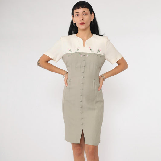 90s S.L. Fashion Petites Sage Floral Embroidered Mini Shirtdress Small
