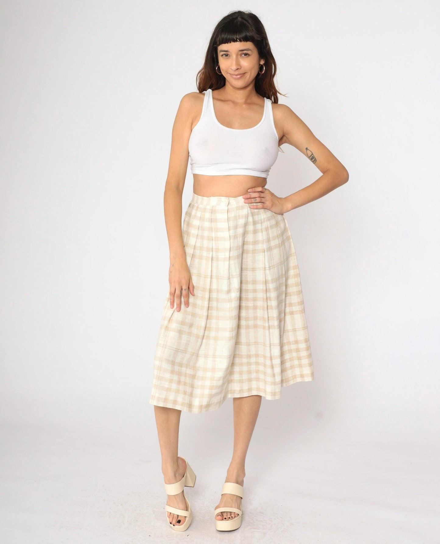 90s Tan Cream Plaid Pleated Midi Skirt High Waist Small