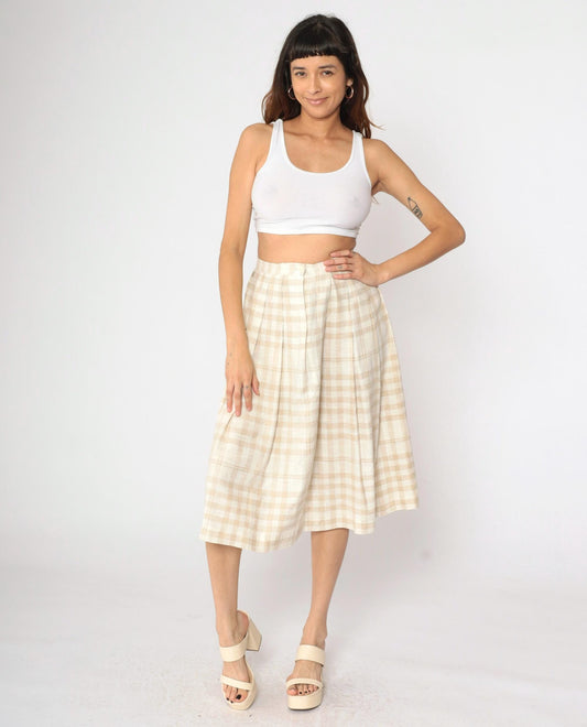 90s Tan Cream Plaid Pleated Midi Skirt High Waist Small
