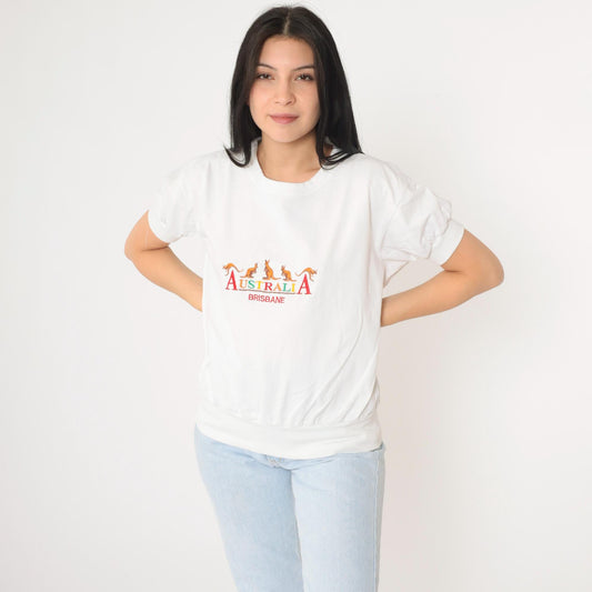 90s Brisbane Australia Kangaroo Embroidered T-Shirt White Graphic Tee Large L