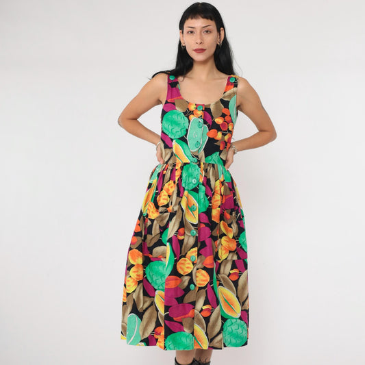 80s Alouette Tropical Fruit Midi Dress Black Button-Up Sleeveless Extra Small