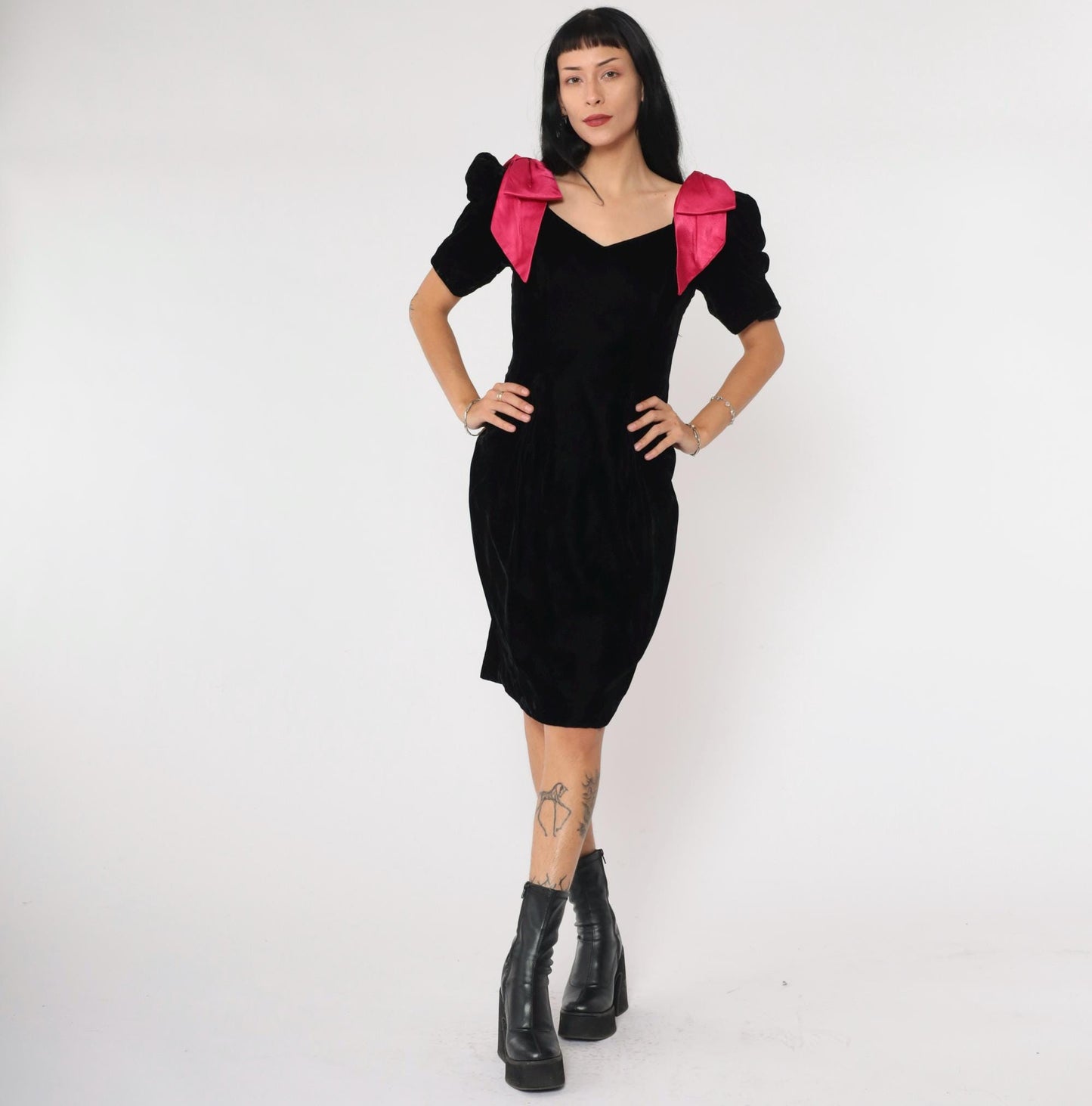 80s Black Velvet Mini Dress Puff Sleeve Fuchsia Bow Sheath Small 4