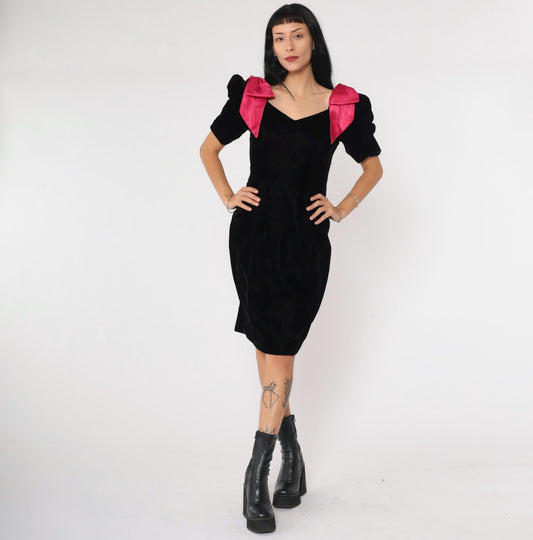 80s Black Velvet Mini Dress Puff Sleeve Fuchsia Bow Sheath Small 4