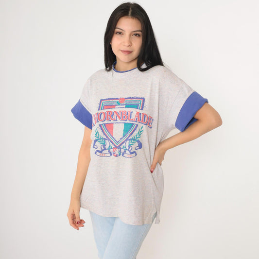 90s Thornblade Golf Club Crest Ringer Tee Heather Grey Blue Large L