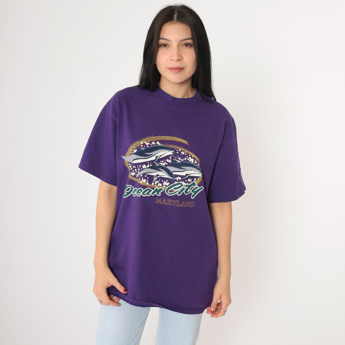 90s Ocean City Maryland Dolphin Graphic T-Shirt Purple Large