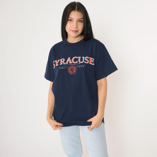90s Syracuse University Graphic T-Shirt Navy Cotton Crewneck Medium