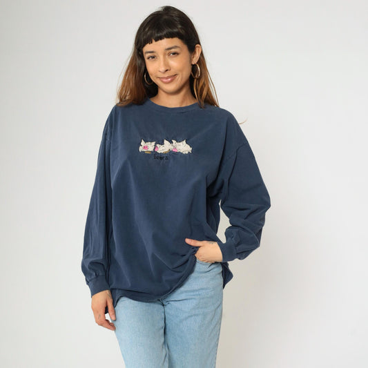 90s Iowa Pig Corn Embroidered Long Sleeve T Shirt Navy Blue Extra Large XL
