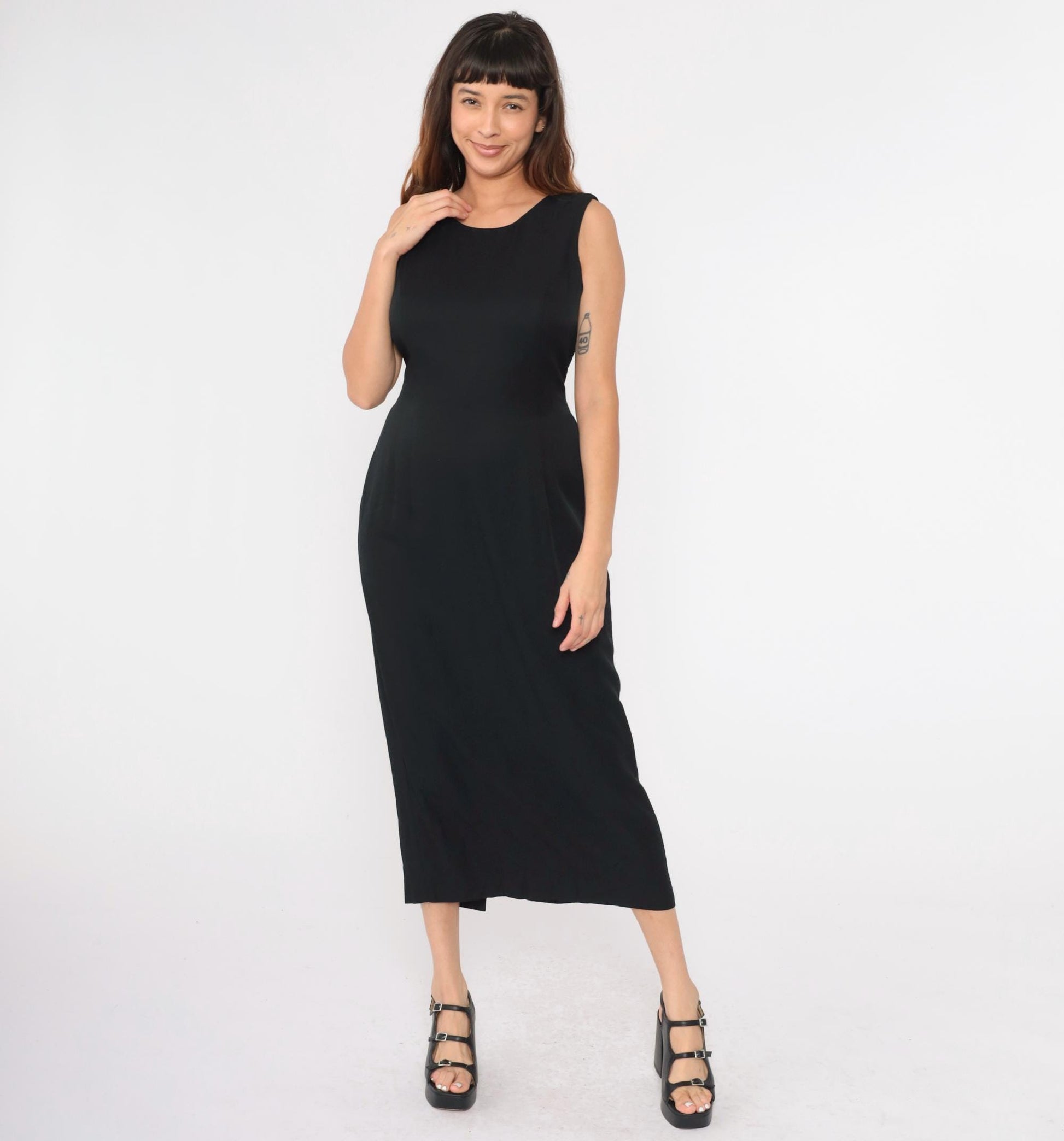 90s Black Sheath Dress White Bow Back Sleeveless Scoop Neck Maxi Medium