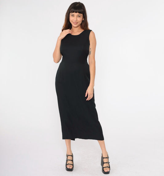 90s Black Sheath Dress White Bow Back Sleeveless Scoop Neck Maxi Medium