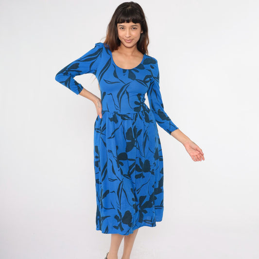 80s Blue Floral Midi Dress Puff Sleeve Fit and Flare Low Waist Small