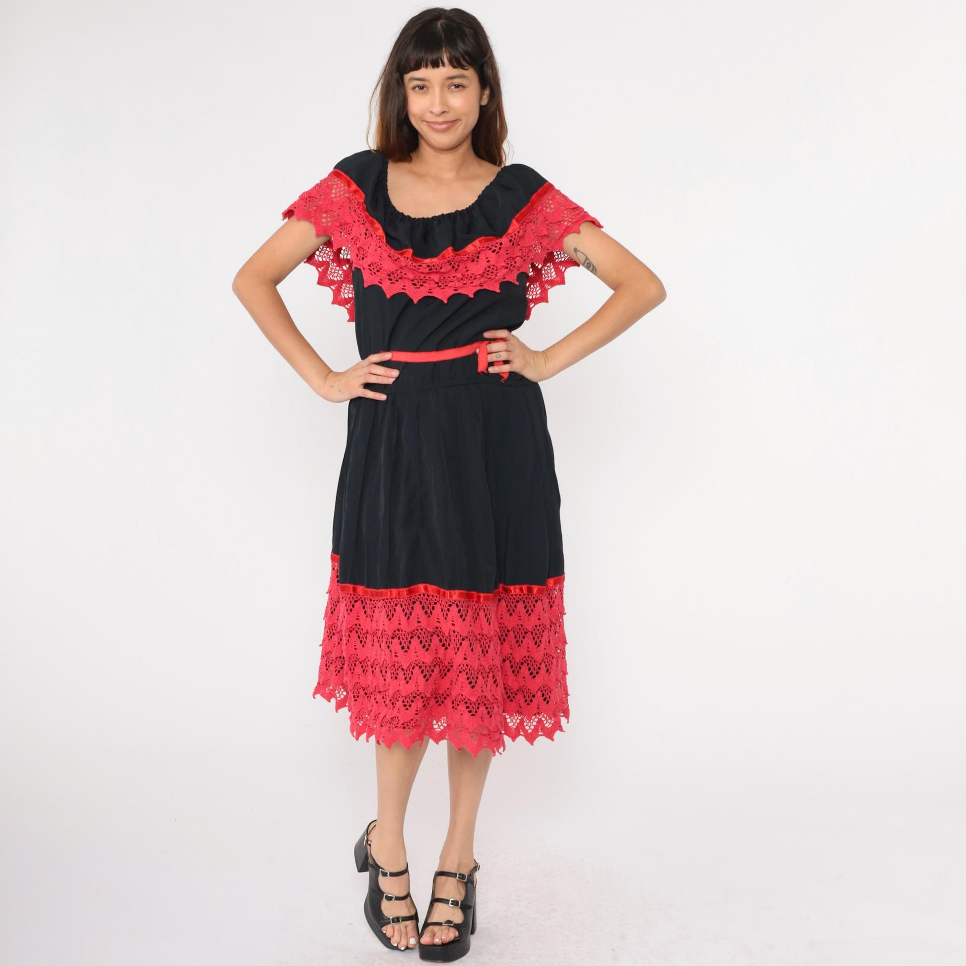 80s Black Peasant Dress Fuchsia Crochet Lace Off-Shoulder Midi Medium Large