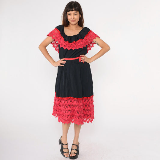 80s Black Peasant Dress Fuchsia Crochet Lace Off-Shoulder Midi Medium Large